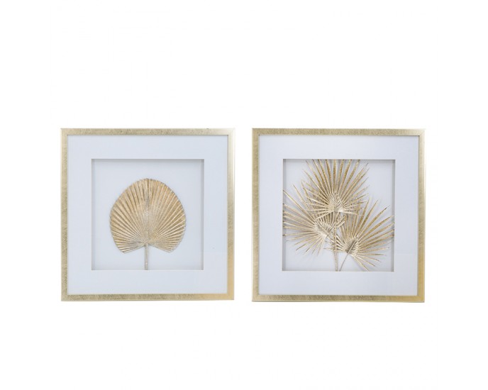 Artekko Botanicial Πίνακας με Φύλλα Ξύλο/Γυαλί Χρυσό Σετ/2 ΠΙΝΑΚΕΣ
