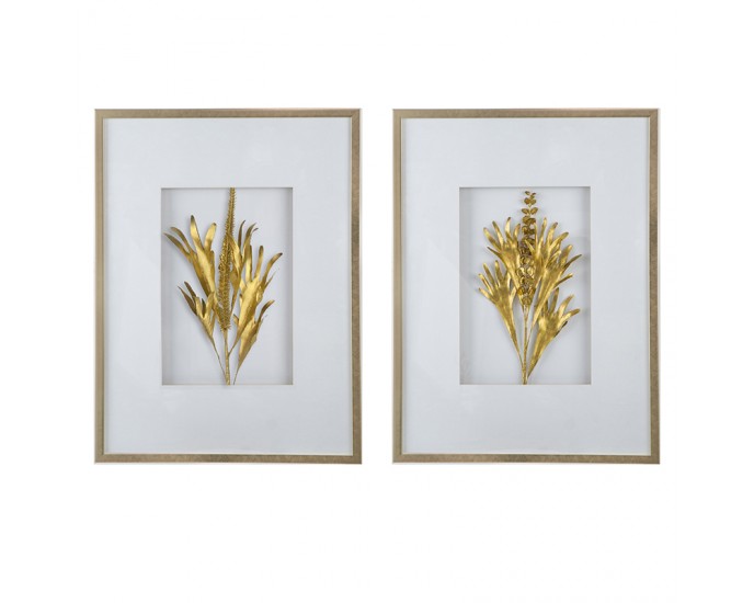 Artekko Botanicial Πίνακας με Φύλλα Ξύλο/Γυαλί Χρυσό Σετ/2 (60χ3χ80)cm ΠΙΝΑΚΕΣ