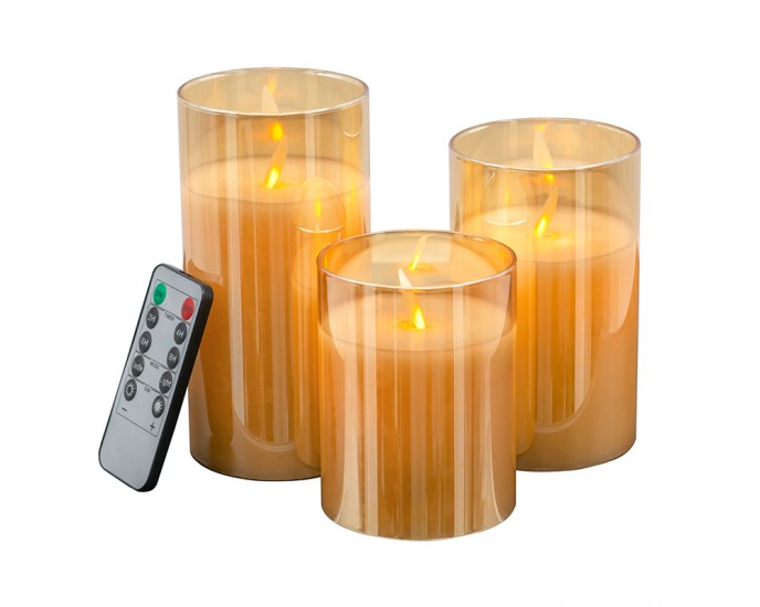Artekko Κεριά πορτοκαλί γυαλί-κερί-φλόγα Led  ΣΕΤ/3 με τηλεχειριστήριο 7.6 X 7.6 X 15.2cm