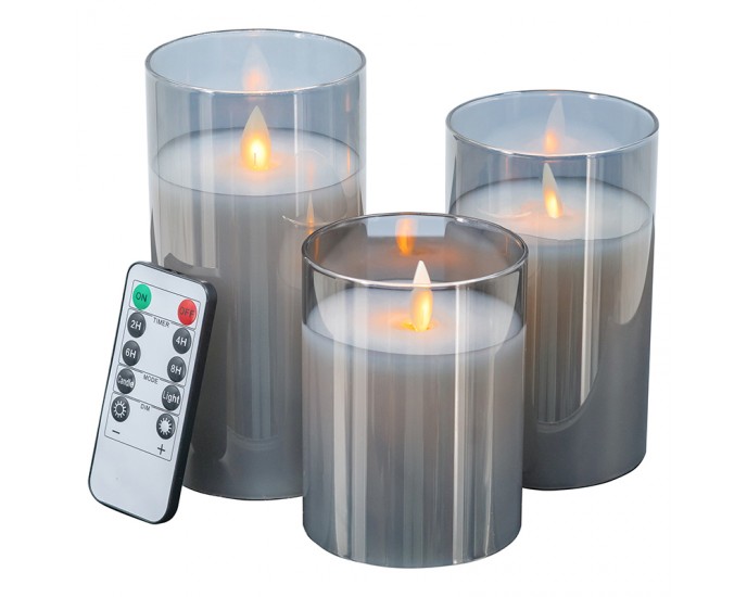 Artekko Κεριά φουμέ γυαλί-κερί-φλόγα Led  ΣΕΤ/3 με τηλεχειριστήριο 7.6 X 7.6 X 15.2cm