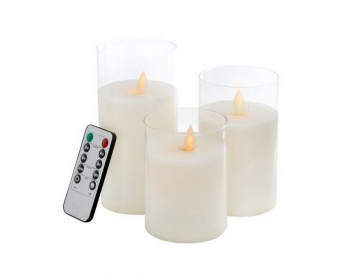 Artekko Candle Κεριά Led με Τηλεχειριστήριο Γυαλί/Κερί Λευκό (7.6x7.6x15.2)cm ΣΕΤ/3