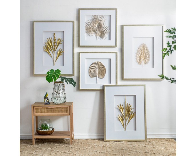Artekko Botanicial Πίνακας με Φύλλα Ξύλο/Γυαλί Χρυσό Σετ/2 ΠΙΝΑΚΕΣ