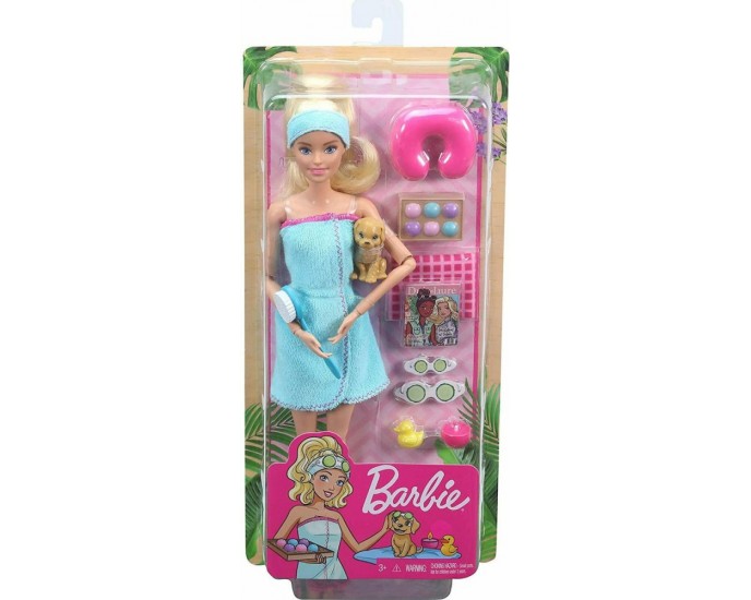 Mattel Barbie - Wellness Spa Blonde Doll with Puppy And 9 Accessories (GJG55)
