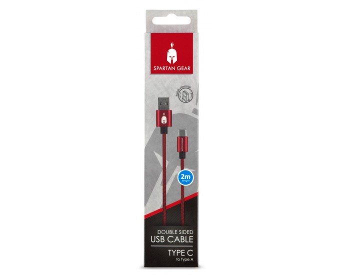 Spartan Gear - Double Sided USB Cable (Type C) (length: 2m - Compatible with Playstation 5, Xbox Series X/S, tablet, mobile) (colour: Red) 