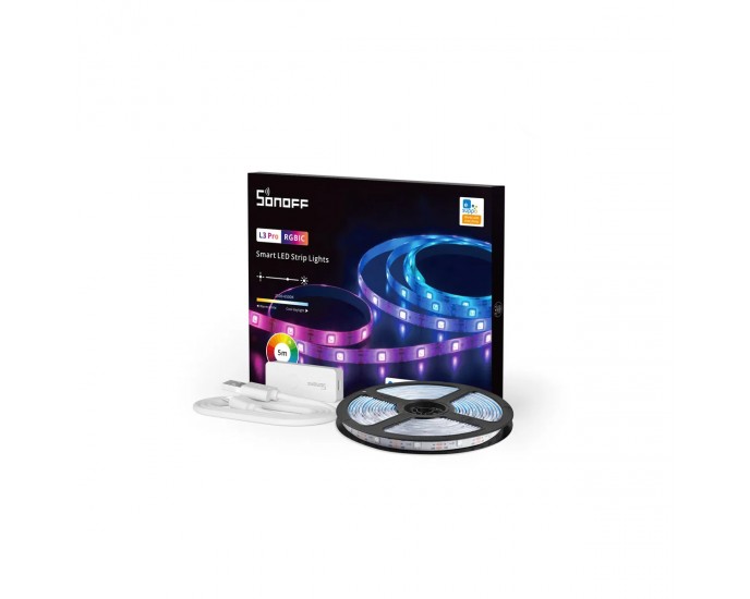 GloboStar® 80099 SONOFF L3-5M-PRO RGBIC Digital IC RGB Smart LED Strip Light WiFi 2.4GHz 90 SMD/M 5050 5m Roll & Power Adapter DC 5V Max 10W 