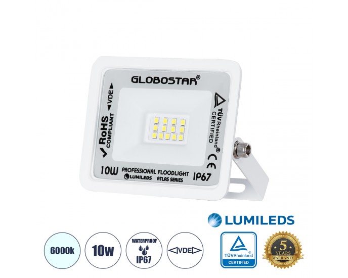 GloboStar® ATLAS 61404 Επαγγελματικός Προβολέας LED 10W 1250lm 120° AC 220-240V - Αδιάβροχος IP67 - Μ10 x Π2 x Υ8cm - Λευκό - Ψυχρό Λευκό 6000K - LUMILEDS Chips - TÜV Rheinland Certified - 5 Years Warranty 