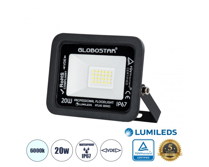 GloboStar® ATLAS 61410 Επαγγελματικός Προβολέας LED 20W 2500lm 120° AC 220-240V - Αδιάβροχος IP67 - Μ12 x Π2.5 x Υ9.5cm - Μαύρο - Ψυχρό Λευκό 6000K - LUMILEDS Chips - TÜV Rheinland Certified - 5 Years Warranty 