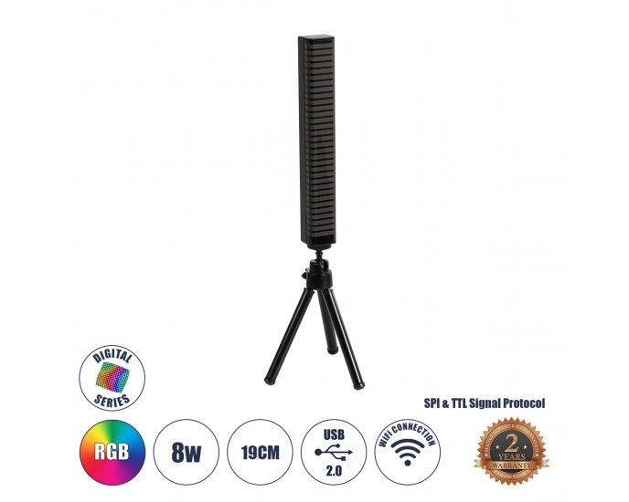 GloboStar® DIGICOLUMN 90761 Μοντέρνο Επιτραπέζιο Φωτιστικό Γραφείου WiFi Digital Pixel Rhythm Music Bar LED 8W 640lm 90° DC 5V με USB 2.0 & WiFi Mobile APP IP20 - Εναλλαγή Φωτισμού μέσω WiFi Εφαρμογής - Πολύχρωμο RGB - Dimmable - Μαύρο - Μ2.3 x Π2.5 x