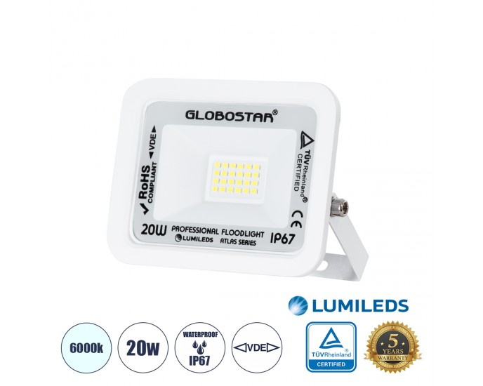 GloboStar® ATLAS 61407 Επαγγελματικός Προβολέας LED 20W 2500lm 120° AC 220-240V - Αδιάβροχος IP67 - Μ12 x Π2.5 x Υ9.5cm - Λευκό - Ψυχρό Λευκό 6000K - LUMILEDS Chips - TÜV Rheinland Certified - 5 Years Warranty 