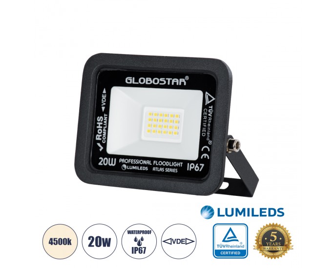 GloboStar® ATLAS 61411 Επαγγελματικός Προβολέας LED 20W 2400lm 120° AC 220-240V - Αδιάβροχος IP67 - Μ12 x Π2.5 x Υ9.5cm - Μαύρο - Φυσικό Λευκό 4500K - LUMILEDS Chips - TÜV Rheinland Certified - 5 Years Warranty 