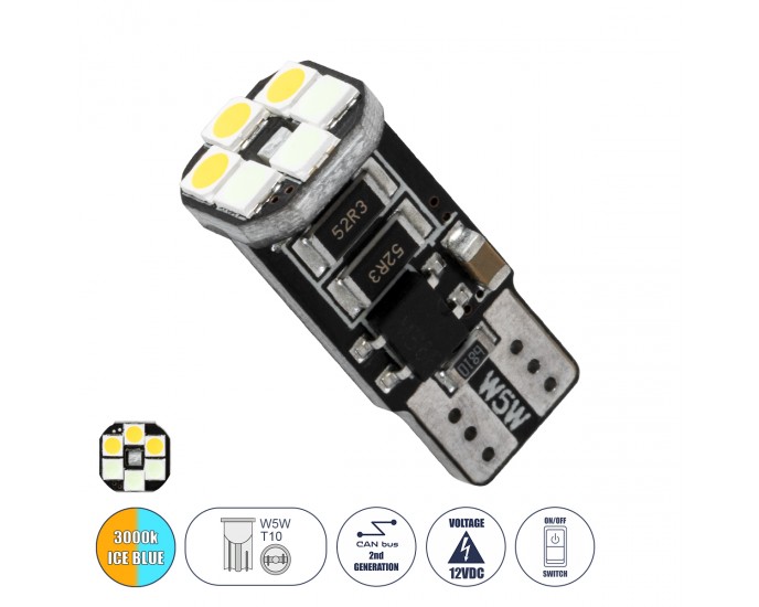 GloboStar® 81466 Λάμπα Αυτοκινήτου LED 3 Stage Color Change by Switch On/Off T10 W5W 2rd Generation Can-Bus Series 10xSMD3535 1.3W 156lm 360° DC 10-48V IP20 Μ1 x Π1 x Υ2.5cm Θερμό Λευκό 3000K & Ice Blue 