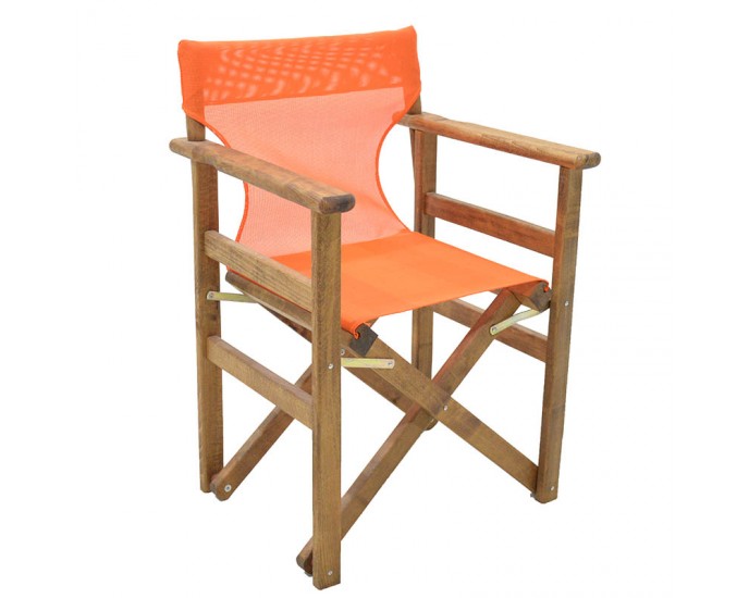 Πολυθρόνα σκηνοθέτη Klara Megapap ξύλινη μασίφ οξιά χρώμα καρυδί εμποτισμού με διάτρητο πορτοκαλί πανί 61x51x86εκ.