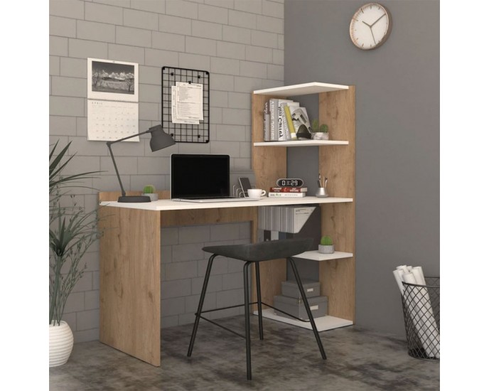 Γραφείο εργασίας με βιβλιοθήκη Caolin pakoworld μελαμίνης oak-λευκό 110x52x140εκ 