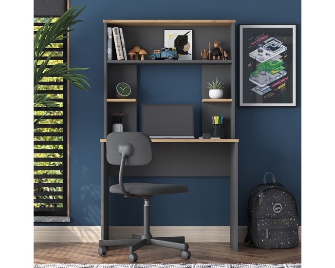 Γραφείο με ραφιέρα Goldie pakoworld ανθρακί-φυσικό 90x45x155.60εκ 