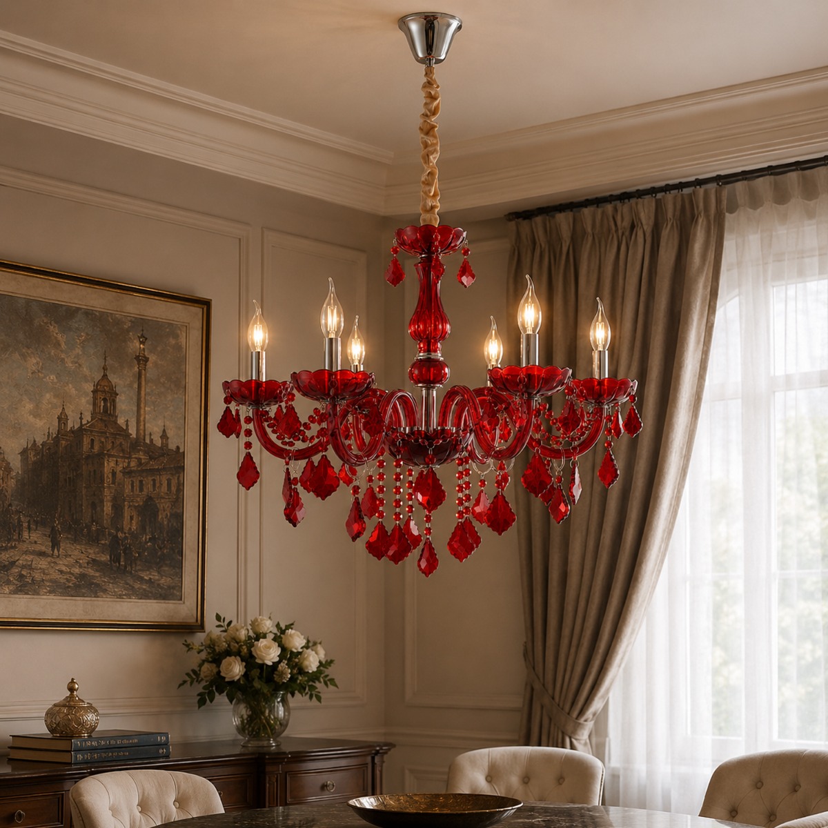 Artekko Chandelier Rubby Πολυέλαιος 6φωτος Ε14 με Κόκκινο Κρύσταλλο (68x68x57)cm