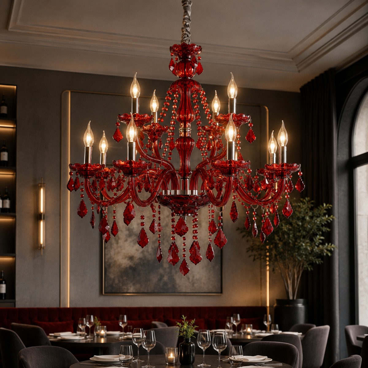 Artekko Chandelier Rubby Πολυέλαιος 12φωτος Ε14 με Κόκκινο Κρύσταλλο (80x80x72)cm