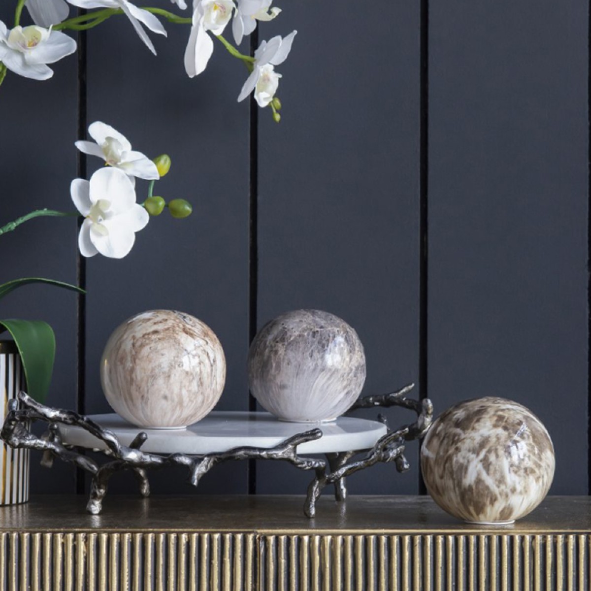 Artekko Marbleized Διακοσμητικές Σφαίρες Κεραμικές Μπεζ (10x10x9.5)cm Σετ/3