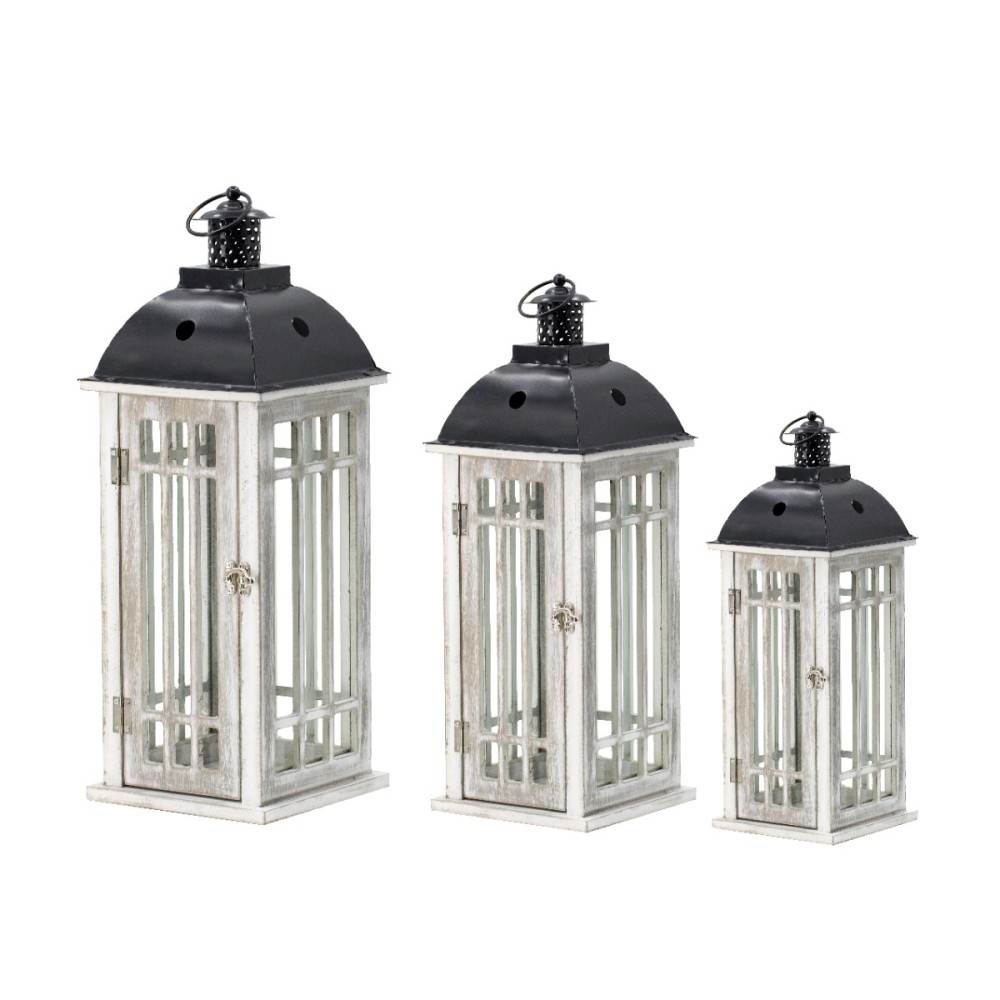 Artekko Lantern Διακοσμητικά Φανάρια από MDF και Μέταλλο σε Λευκή Πατίνα (30.5x30.5x82.5)cm (24.1x24.1x67.3)cm (16.5x16.5x44.5)cm 3pcs