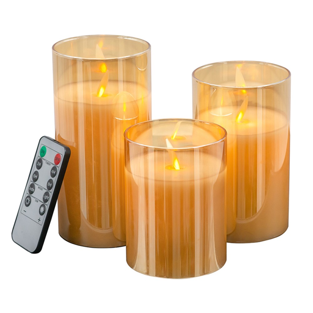 Artekko Flame Γυάλινα Πορτοκαλί Κεριά Led με Τηλεχειριστήριο (7.6x7.6x15.2)cm 3pcs