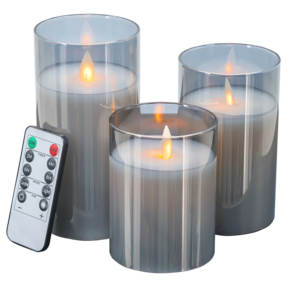 Artekko Flame Γυάλινα Γκρι Κεριά Led με Τηλεχειριστήριο (7.6x7.6x15.2)cm 3pcs