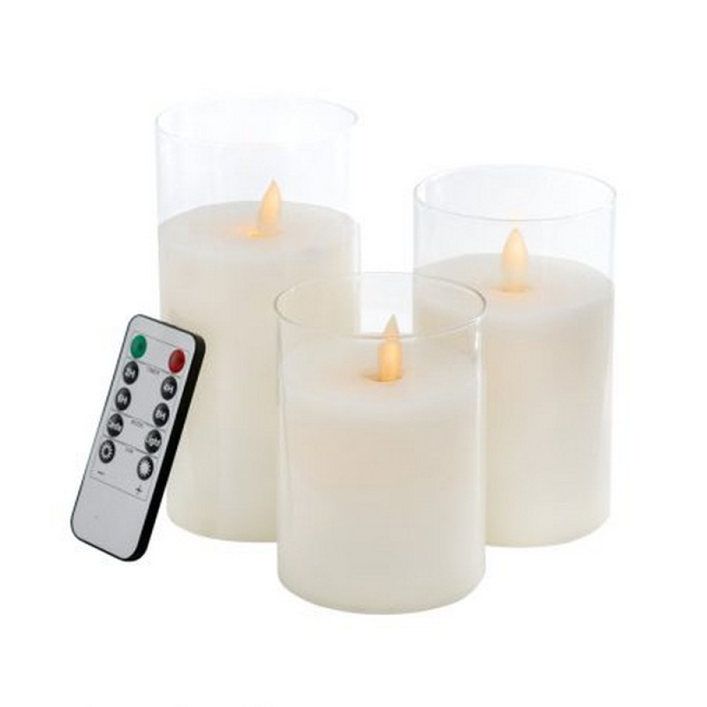 Artekko Flame Γυάλινα Λευκά Κεριά Led με Τηλεχειριστήριο (7.6x7.6x15.2)cm 3pcs