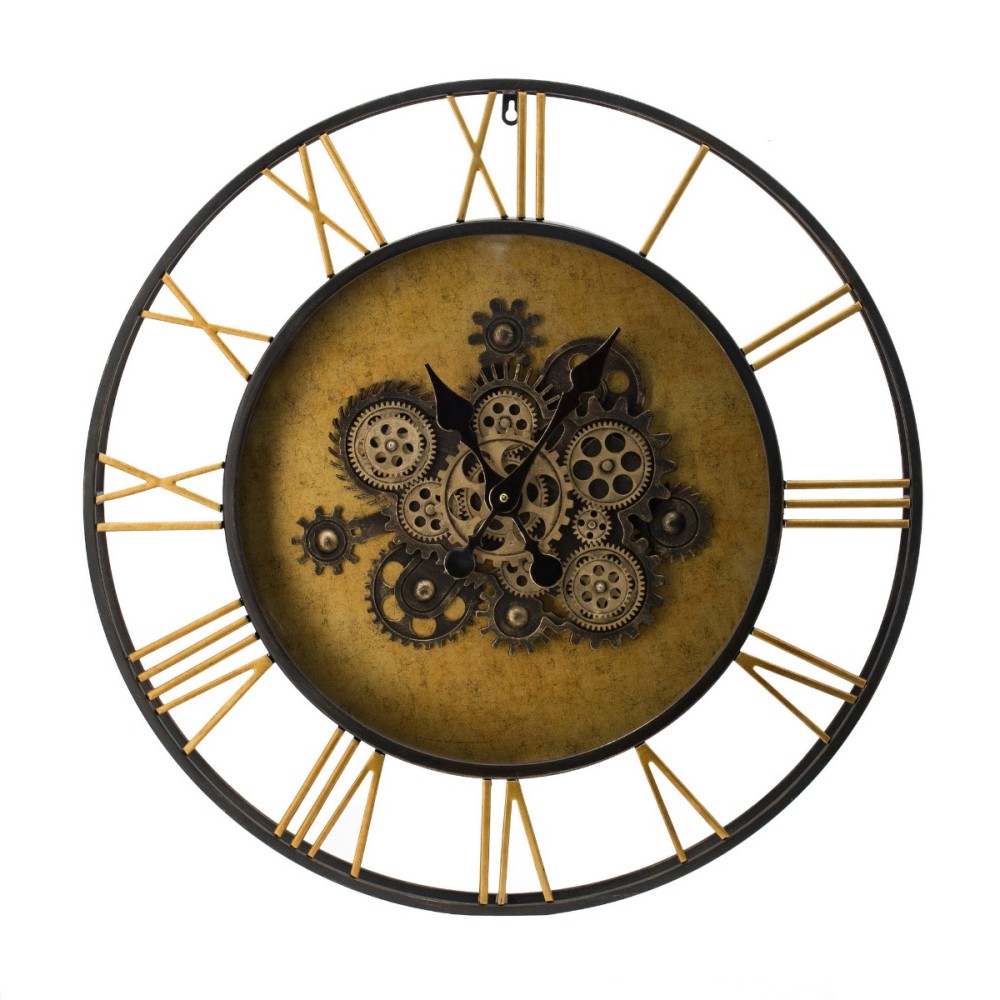 Artekko Clock Μαύρο Μεταλλικό Ρολόι Τοίχου με Γρανάζια και Χρυσές Λεπτομέριες (71x71x9)cm