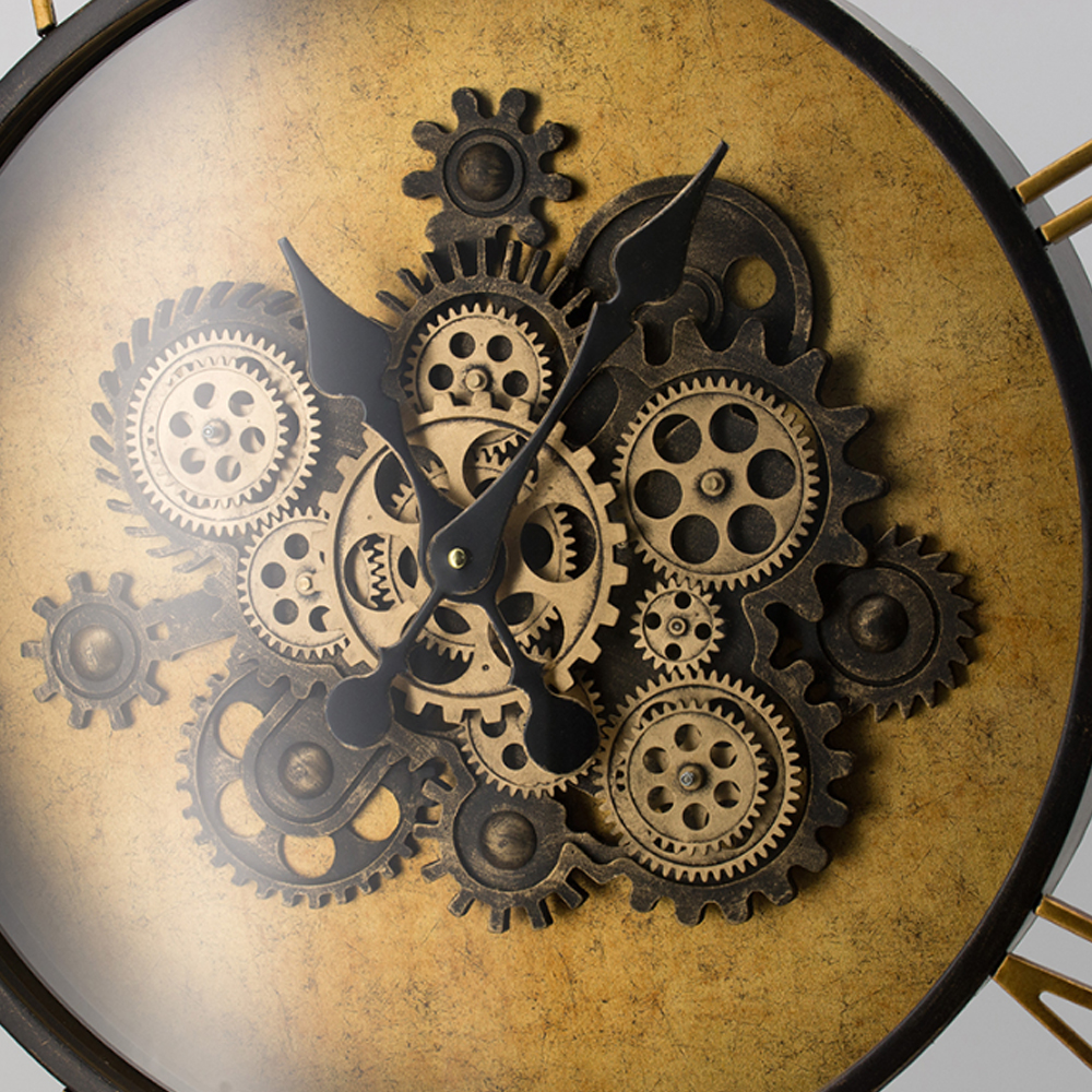 Artekko Clock Μαύρο Μεταλλικό Ρολόι Τοίχου με Γρανάζια και Χρυσές Λέπτομέριες (53x9x53)cm