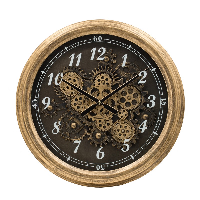 Artekko Clock Μαύρο Μεταλλικό Ρολόι Τοίχου με Γρανάζια και Χρυσές Λέπτομέριες (53x9x53)cm