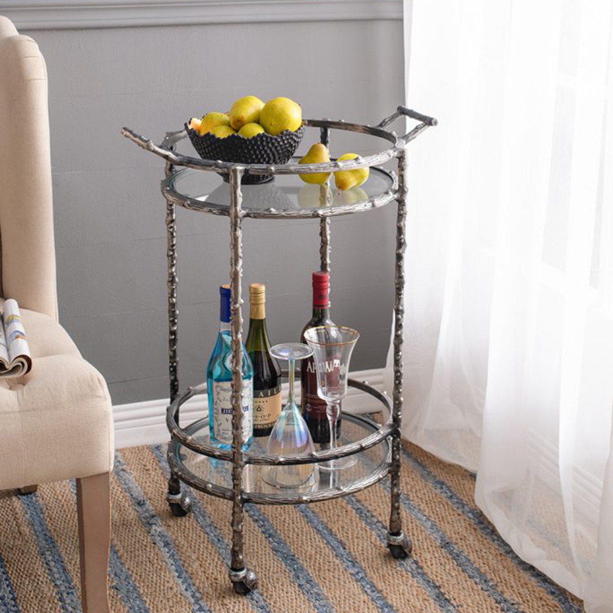 Artekko Cart Twig Ασημί Μεταλλικό Βοηθητικό Τρόλεϊ Μπαρ με 2 Επίπεδα (41x51x76)cm