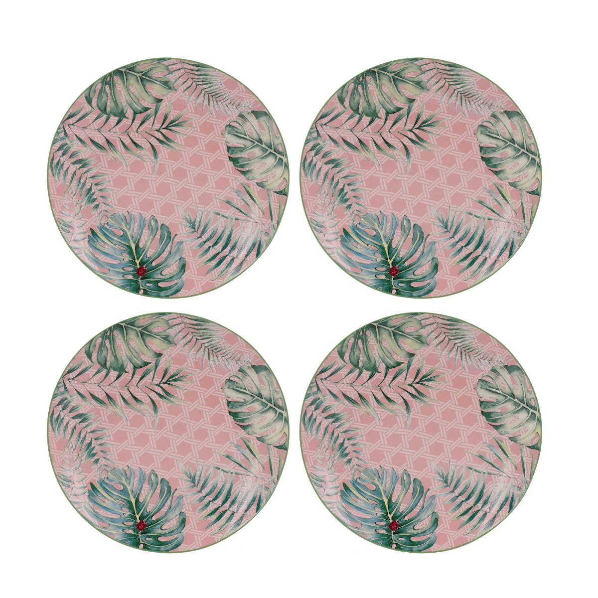Artekko Tropical Πιάτα Ρηχά με Φύλλα Πήλινα Πράσινο Ροζ (20x20x2)cm Σετ/4