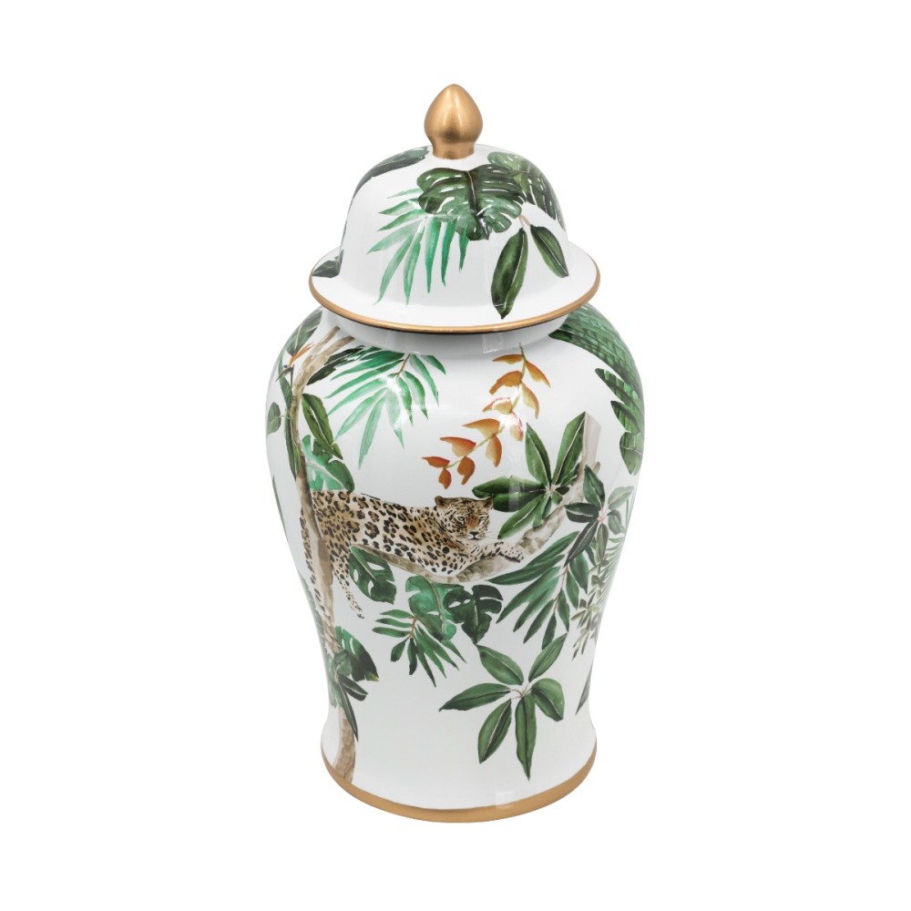 Artekko Lidded Διακοσμητικό Δοχείο Βάζο με Καπάκι από Πορσελάνη σε Λευκό με Πράσινο (24x24x45.5)cm