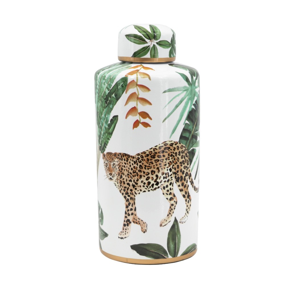 Artekko Lidded Διακοσμητικό Δοχείο Βάζο με Καπάκι από Πορσελάνη σε Λευκό με Πράσινο (15.2x15.2x35.5)cm