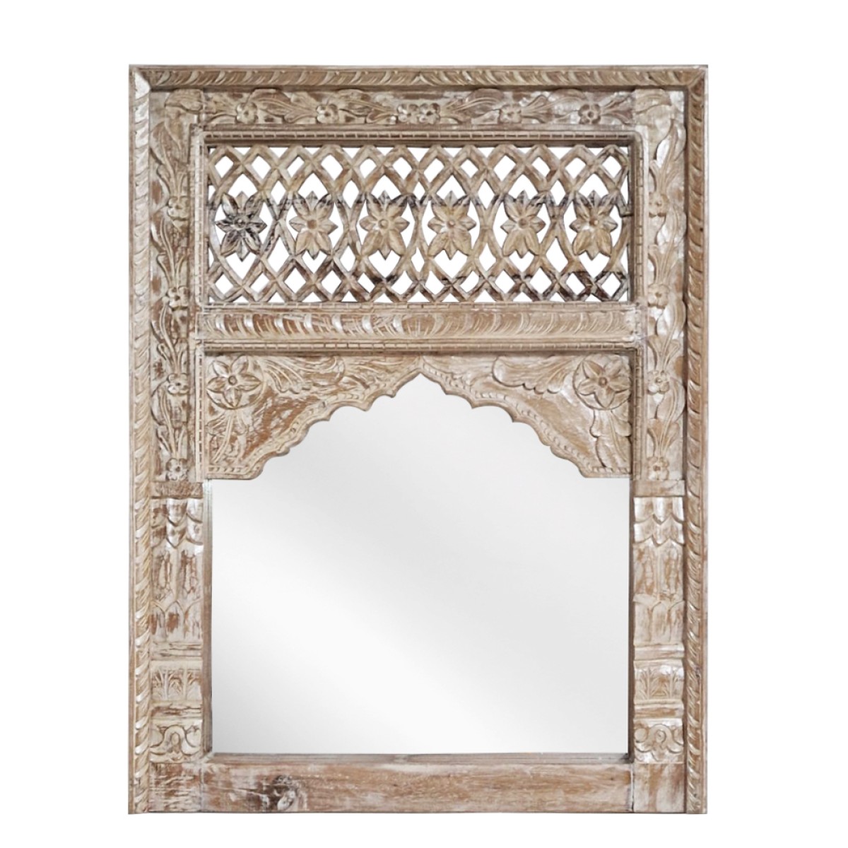 Artekko Mirroki Panels Ξύλινος Λευκός Πατίνα Σκαλιστός Καθρέπτης Τοίχου (120x120)cm