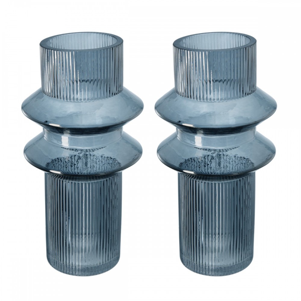 Artekko Fluted Διακοσμητικό Βάζο με Ραβδώσεις Ημιδιάφανο Γκρι Μπλε (19x19x31)cm Σετ/2