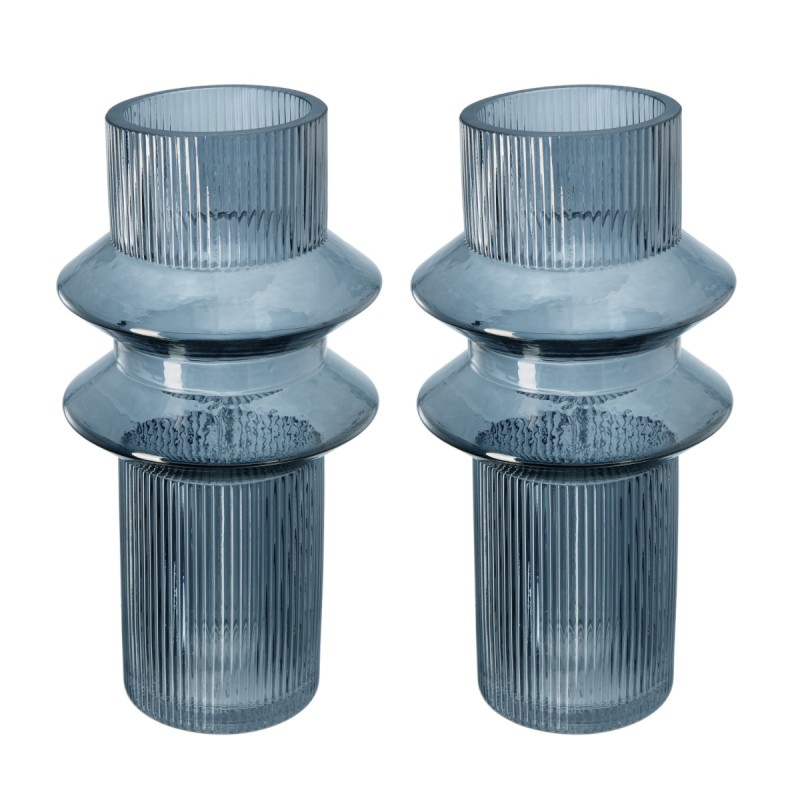 Artekko Fluted Διακοσμητικό Βάζο με Ραβδώσεις Ημιδιάφανο Γκρι Μπλε (19x19x31)cm Σετ/2