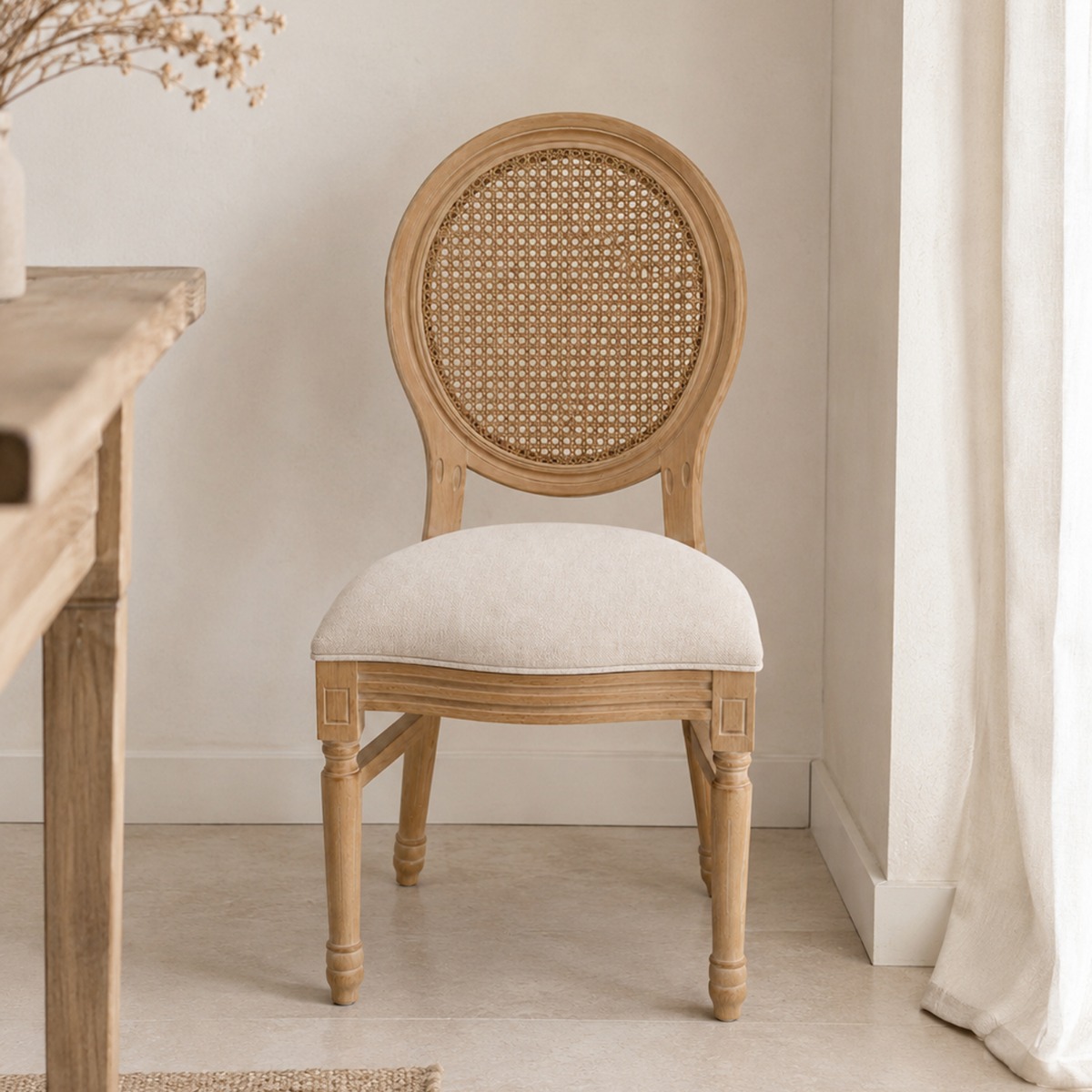 Artekko Vittoro Καφέ Καρέκλα από Birch Wood με Μπεζ Ύφασμα και Ρατάν (54x59x92)cm
