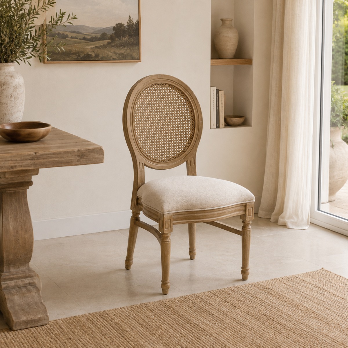 Artekko Vittoro Καφέ Καρέκλα από Birch Wood με Μπεζ Ύφασμα και Ρατάν (54x59x92)cm