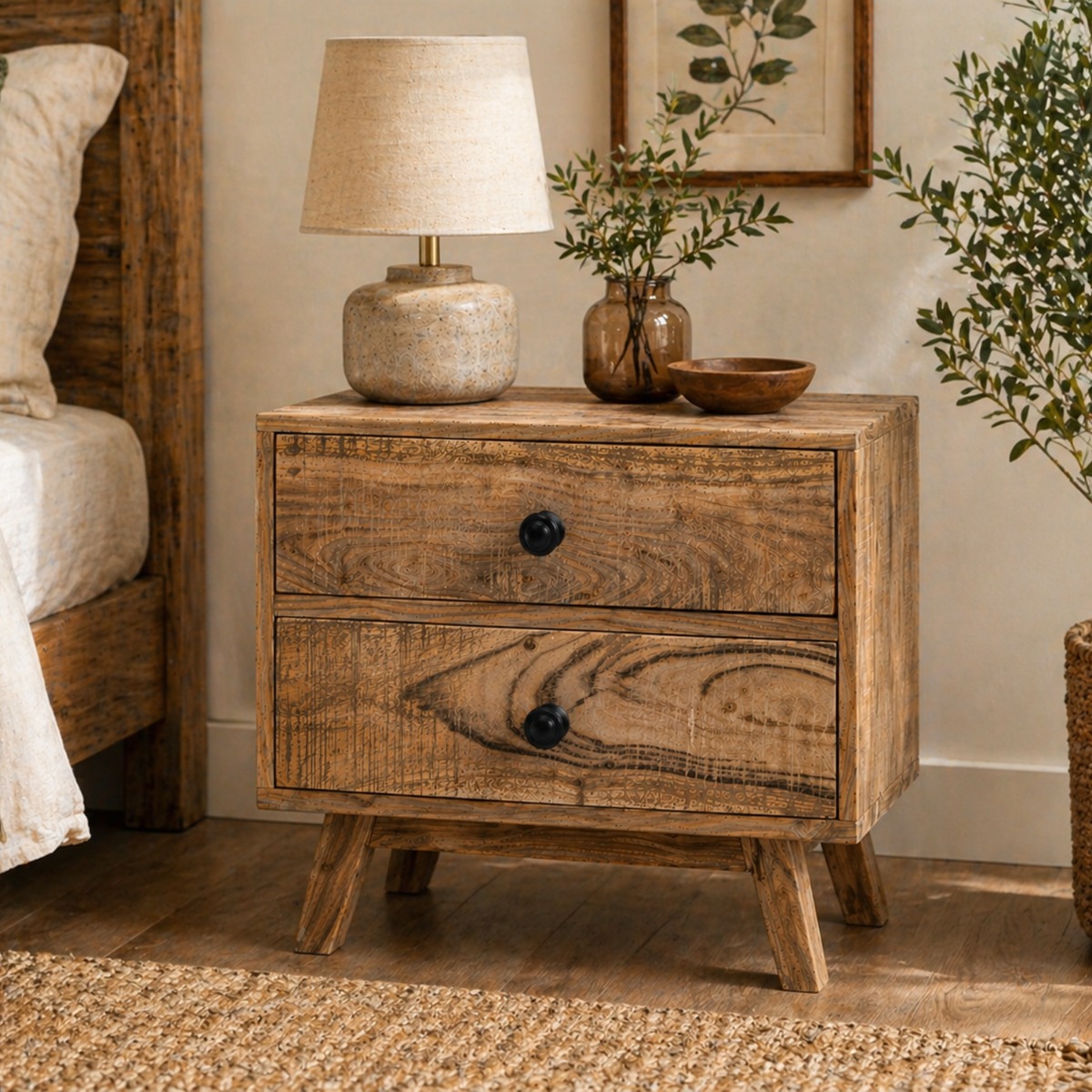 Artekko Attari Καφέ Κομοδίνο με 2 Συρτάρια από Ξύλο Teak (50x35.5x45.5)cm