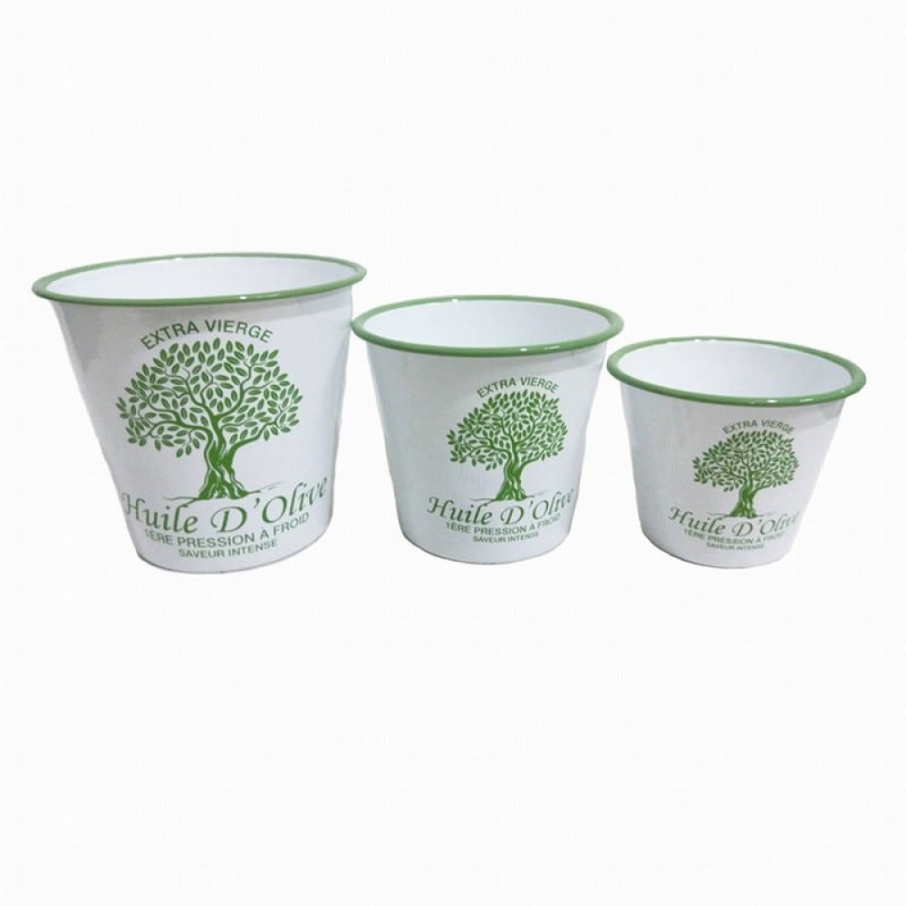 Artekko Bucket Λευκά Μεταλλικά Κουβαδάκια με Πράσινα Σχέδια (16x16x18)cm (16.5x16.5x15)cm (14.5x14.5x12)cm 3pcs