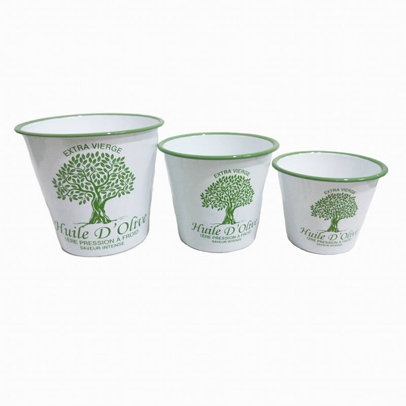 Artekko Bucket Λευκά Μεταλλικά Κουβαδάκια με Πράσινα Σχέδια (16x16x18)cm (16.5x16.5x15)cm (14.5x14.5x12)cm 3pcs