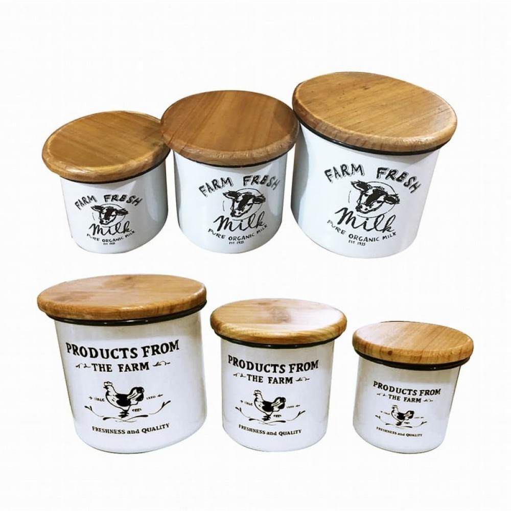 Artekko Enamel  Μεταλλικά Δοχεία με Ξύλινα Καπάκια 6pcs