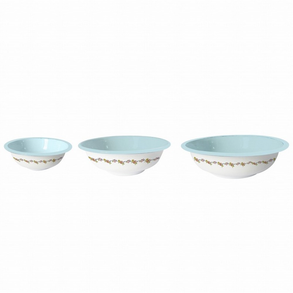 Artekko Enamel Λευκά Μεταλλικά Εμαγιέ Μπολ με Γαλάζια Σχέδια 3 pcs
