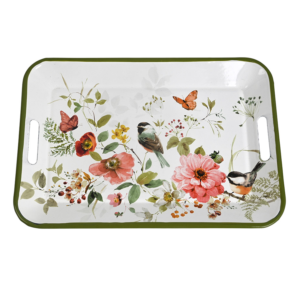 Artekko Enamel Λευκός Μεταλλικός Δίσκος με Πράσινα Σχέδια (42x29x3)cm