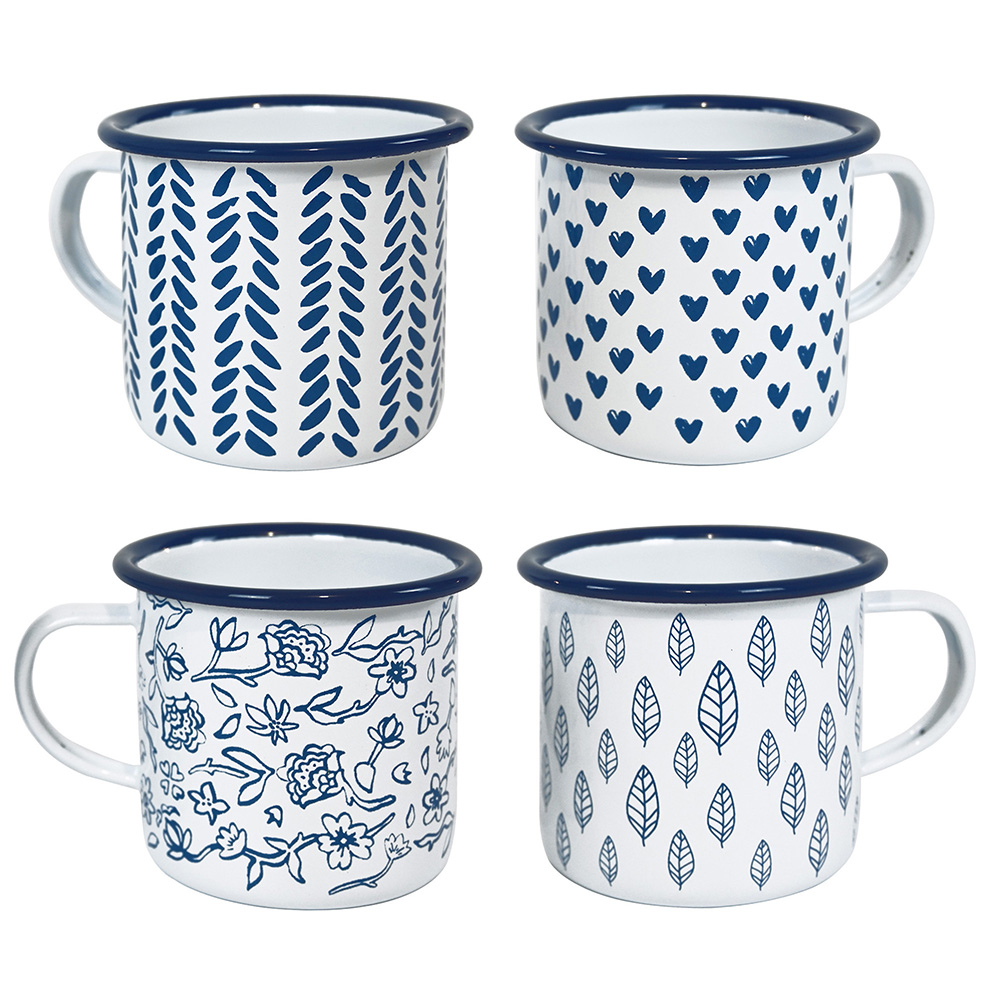 Artekko Mug Λευκές Μεταλλικές Κούπες με Μπλε Σχέδια (12x9x9)cm 4pcs