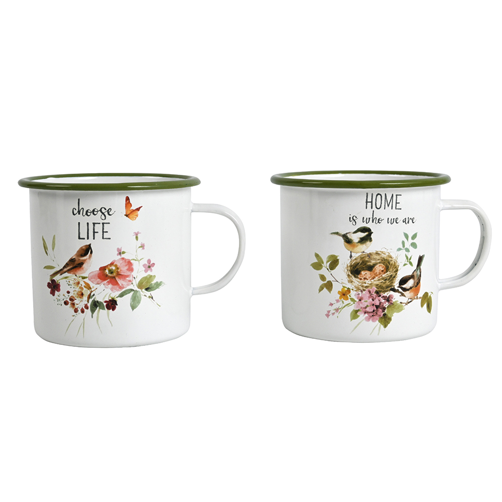 Artekko Mug Λευκές Μεταλλικές Κούπες με Πράσινα Σχέδια (14x11x10)cm 2pcs