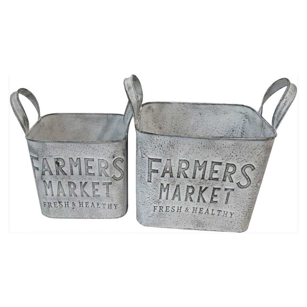 Artekko Planter Μεταλλικά Διακοσμητικά Κουβαδάκια Κασπό σε Λευκή Πατίνα (27x17x25)cm (22x14x13)cm 2pcs