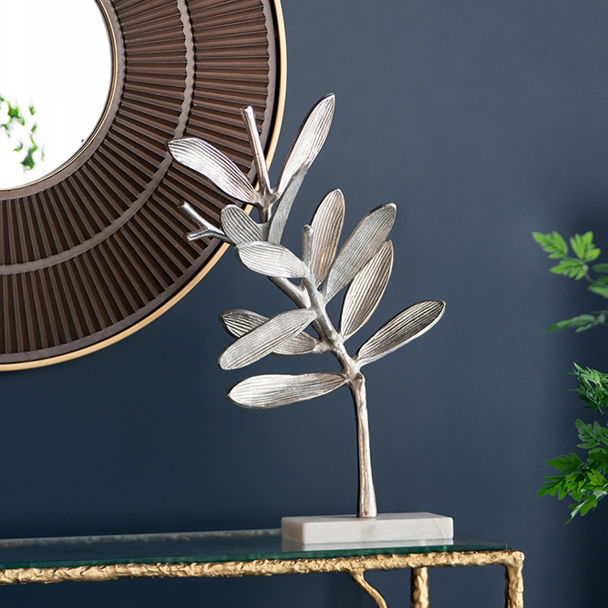 Artekko Branch Ασημί Μεταλλικά Επιτραπέζια Διακοσμητικά σε Μαρμάρινη Βάση (46x20x72)cm (36x14x58)cm 2pcs