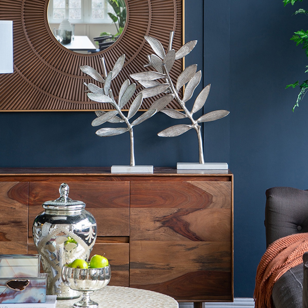 Artekko Branch Ασημί Μεταλλικά Επιτραπέζια Διακοσμητικά σε Μαρμάρινη Βάση (46x20x72)cm (36x14x58)cm 2pcs