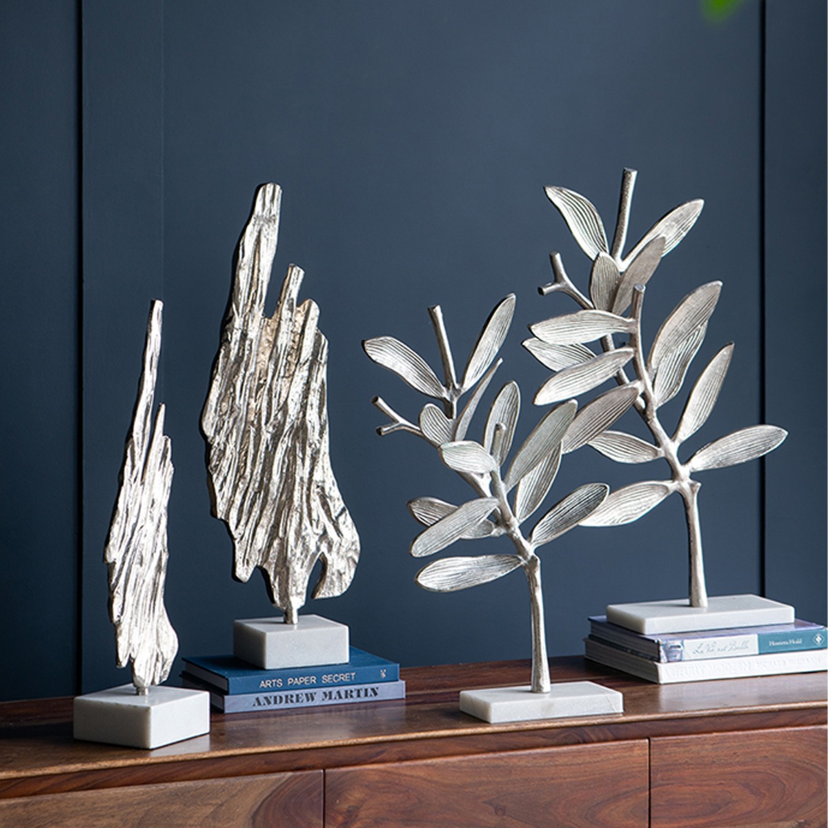 Artekko Branch Ασημί Μεταλλικά Επιτραπέζια Διακοσμητικά σε Μαρμάρινη Βάση (46x20x72)cm (36x14x58)cm 2pcs