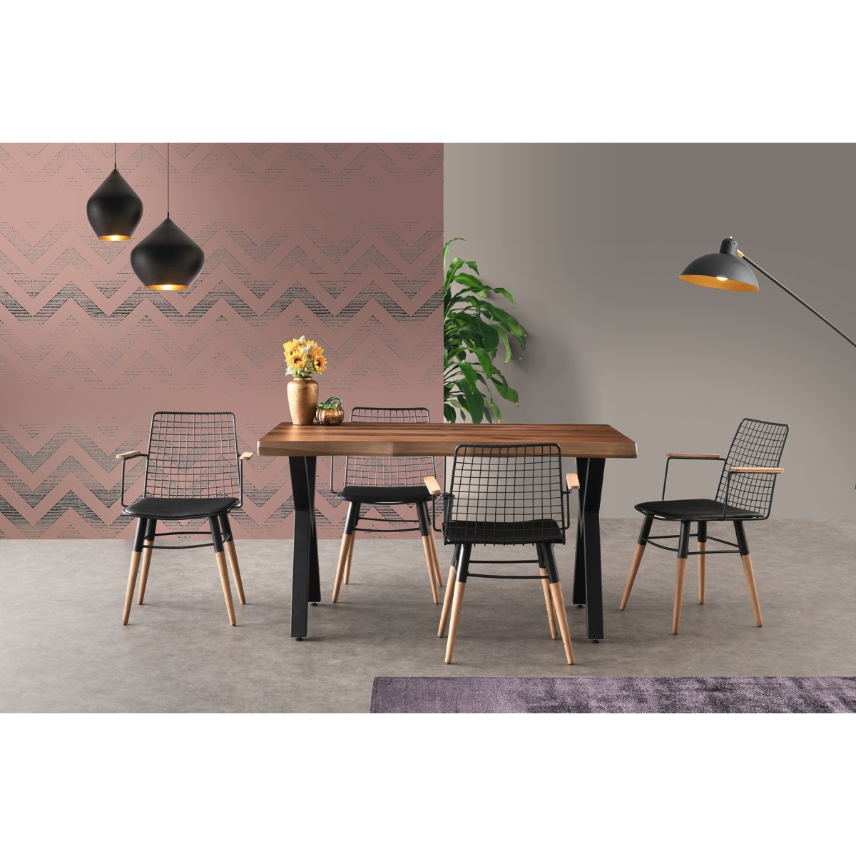 Artekko Trend Μεταλλική Μαύρη Καρέκλα με Ξύλινα Πόδια και Μπράτσα (56x52x81)cm